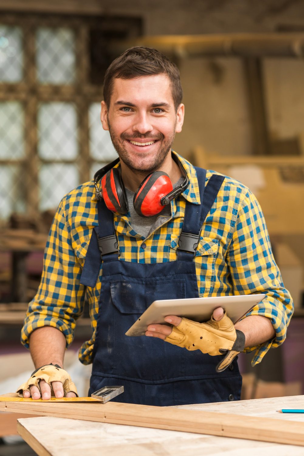 portrait of smiling male carpenter holding digital tablet in hand looking at camera
