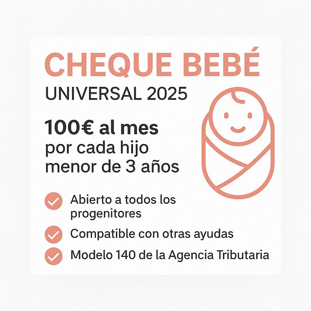 Imagen informativa sobre el Cheque Bebé Universal 2025 con elementos visuales modernos y familiares
