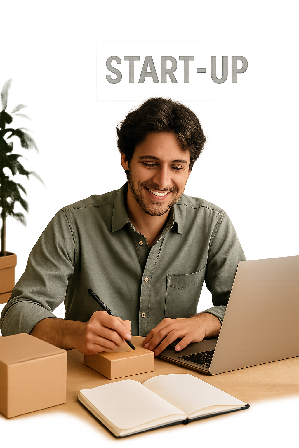 Hombre joven con rasgos españoles escribiendo sobre una caja de cartón mientras usa un portátil, con un cartel de "START-UP" al fondo.