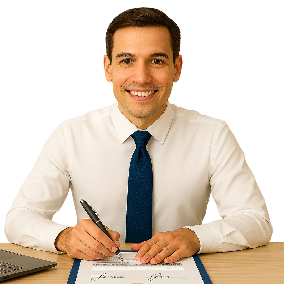 Hombre joven sonriente firmando un contrato de servicios de asesoría en una oficina moderna, con camisa blanca y corbata azul, transmitiendo confianza y profesionalismo.