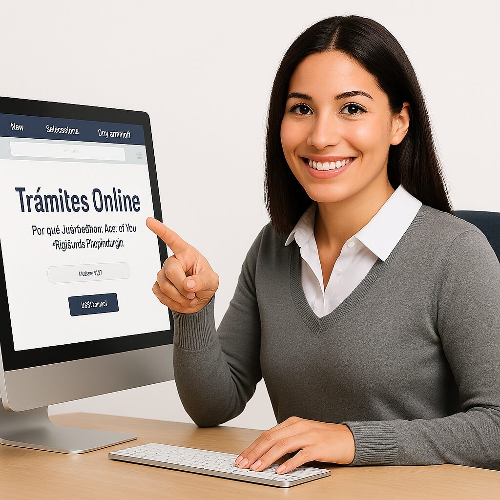 Mujer joven señalando la pantalla de un ordenador con el sitio web Trámites Online, dedicada a gestiones administrativas digitales.
