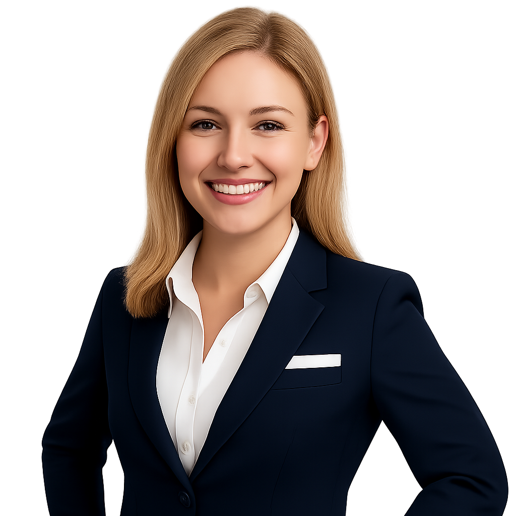 Asesoría para empresas online Persona vestida con traje azul marino y camisa blanca, empresaria, fondo claro.