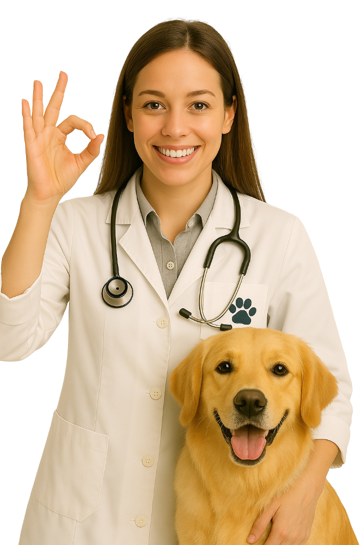Veterinaria joven de unos 30 años sonriente junto a un golden retriever, con bata blanca y estetoscopio, ideal para representar profesionales autónomos del sector veterinario.