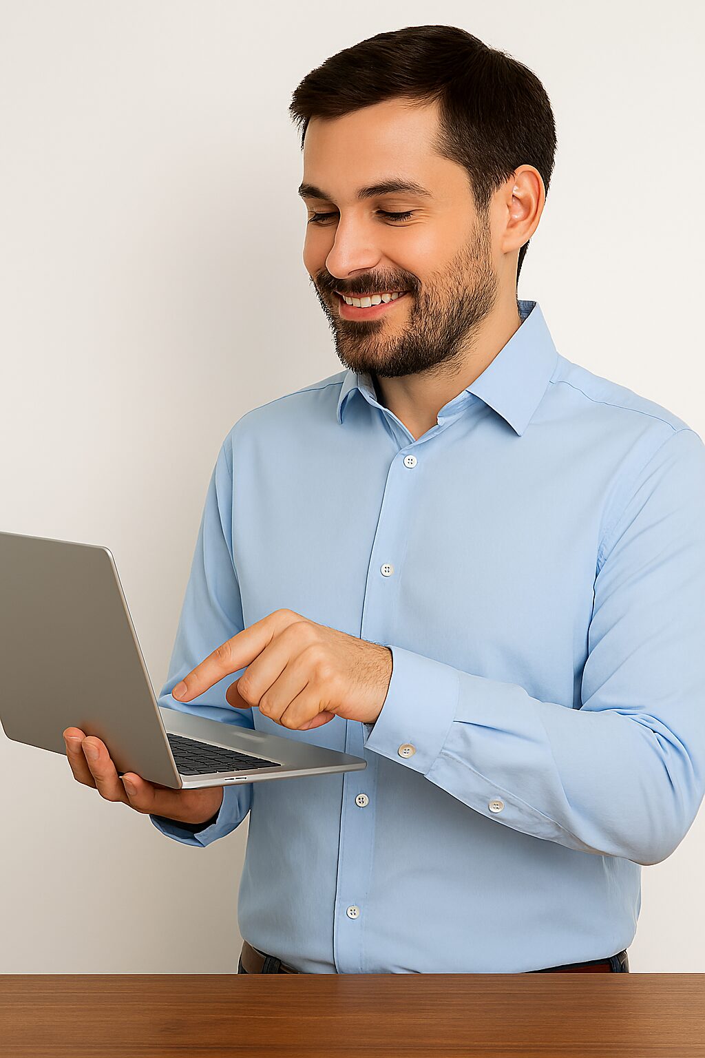 Joven español con camisa azul claro usando un portátil para rellenar un formulario online, sobre fondo blanco