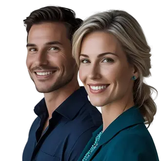 Asesores de confianza: hombre moreno y mujer rubia sonriendo en un entorno profesional