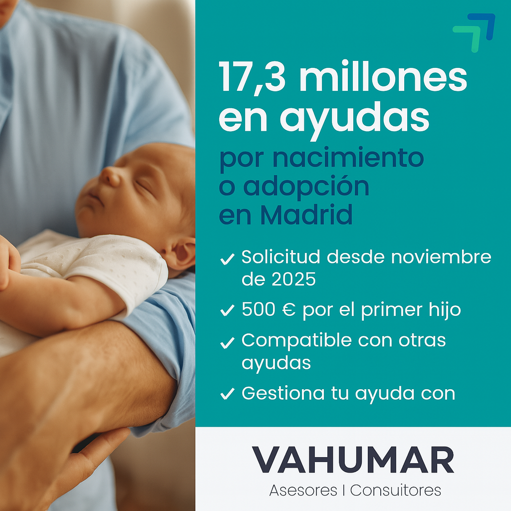 Imagen informativa sobre ayudas por nacimiento o adopción en Madrid 2025, con importes clave y branding de VAHUMAR – Asesoría PYB.