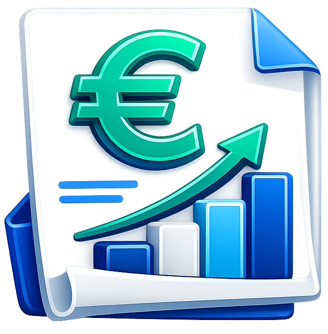 cono 3D moderno de asesoría fiscal con símbolo euro y documento, colores verde turquesa y azul VAHUMAR.