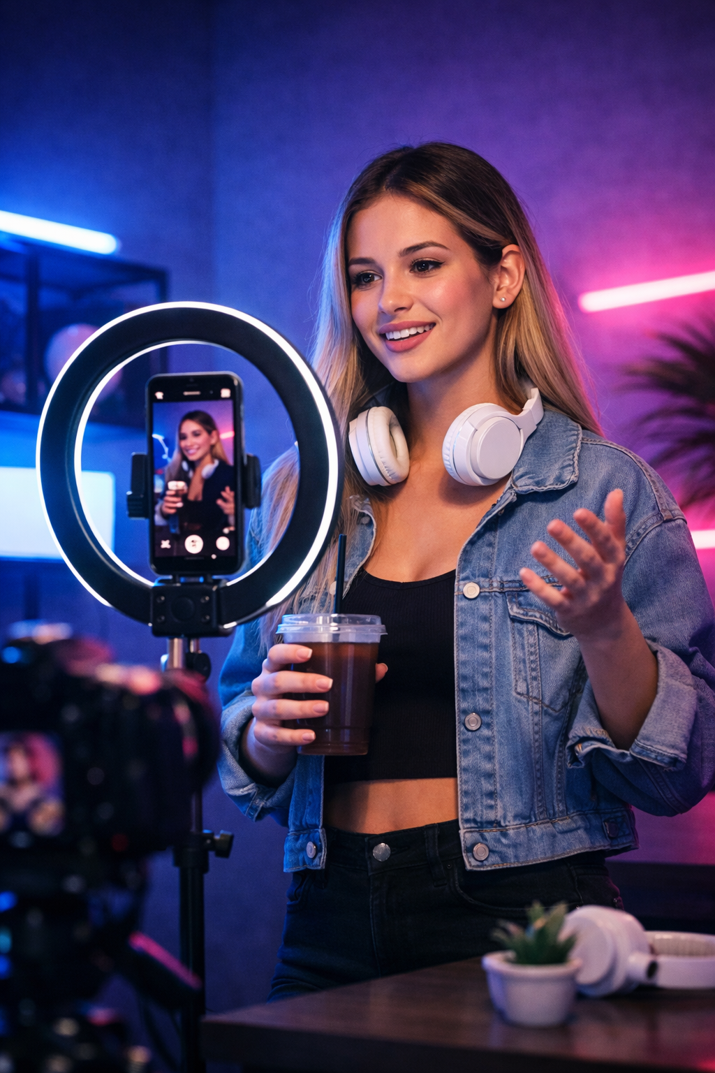 <br />
Creadora de contenido joven grabando vídeo con móvil en estudio moderno con luces neón azul y morado, asesoría fiscal para creadores digitales<br />
