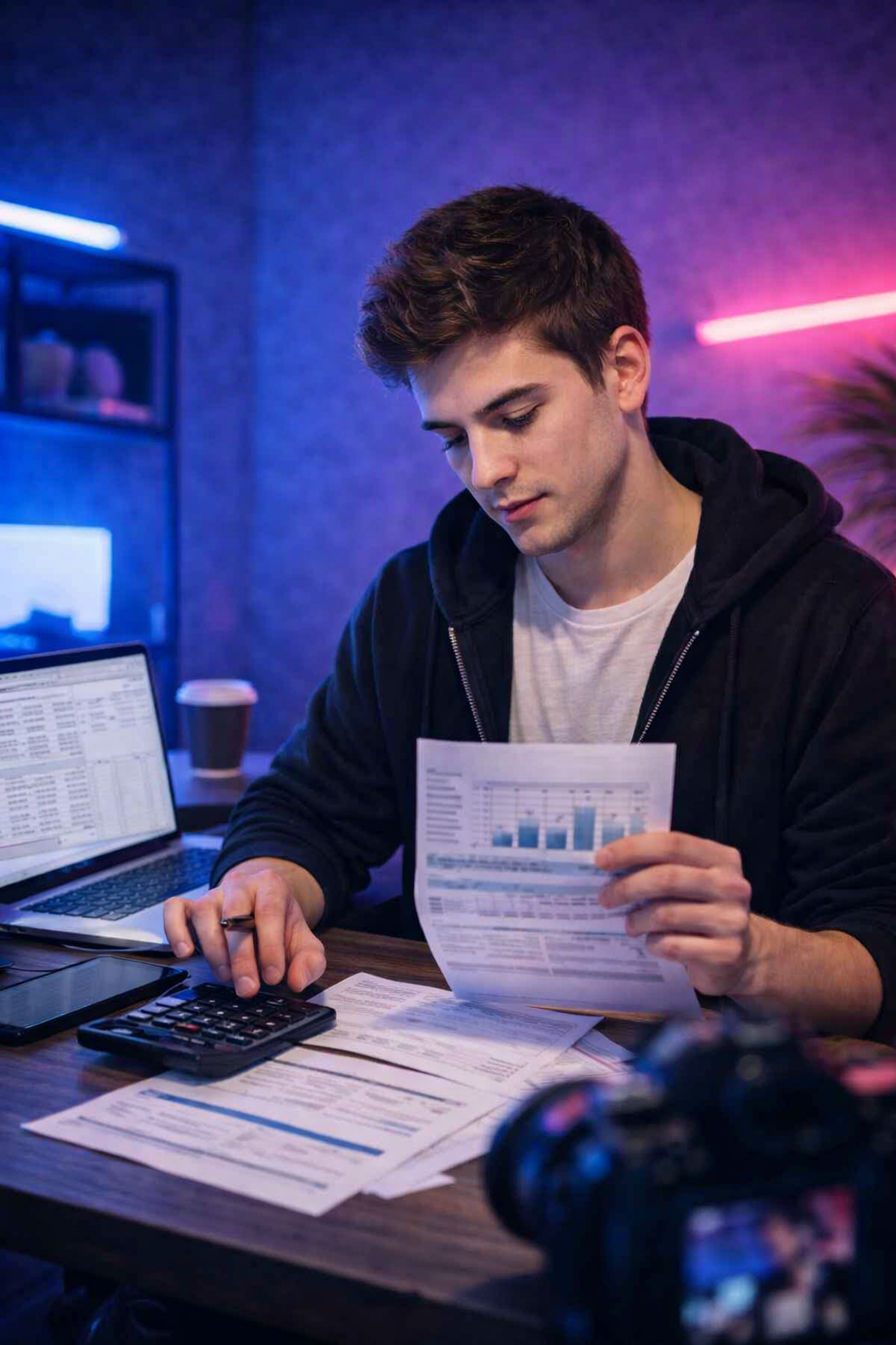 Joven creador digital revisando documentos de contabilidad y facturación en su setup con luces LED, representando la asesoría fiscal para creadores de contenido.